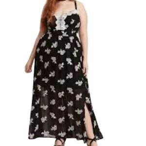 Torrid Dress 1X Black Maxi Chiffon Floral Embroidery Smock Retro Rockabilly